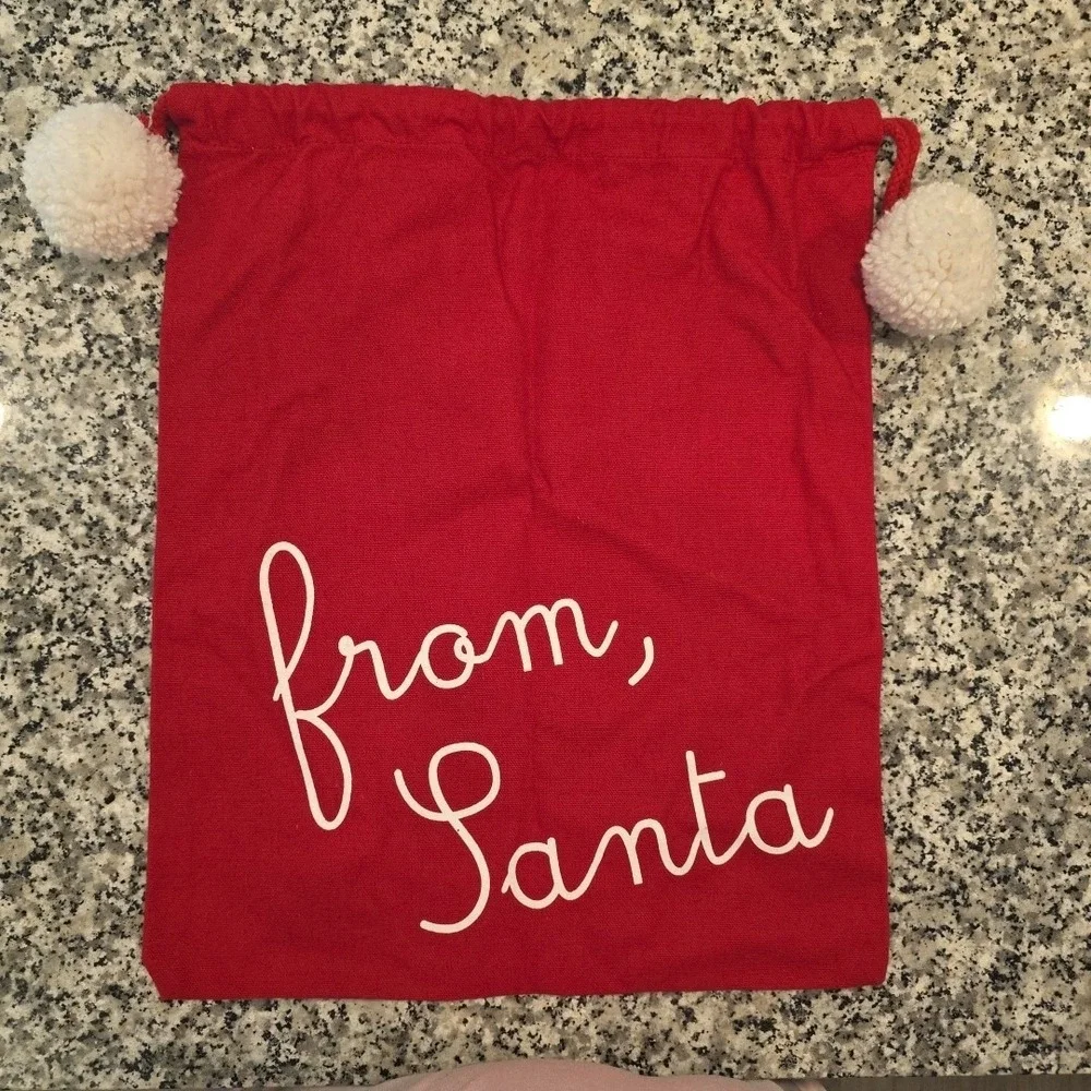 Christmas Santa Gift‎ Bag Red Drawstring White Pom-Poms 17x14  EXCELLENT